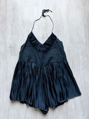 NWT Free People Do A Twirl Backless Romper Black V-Neck Halter Tulle Ruffle L